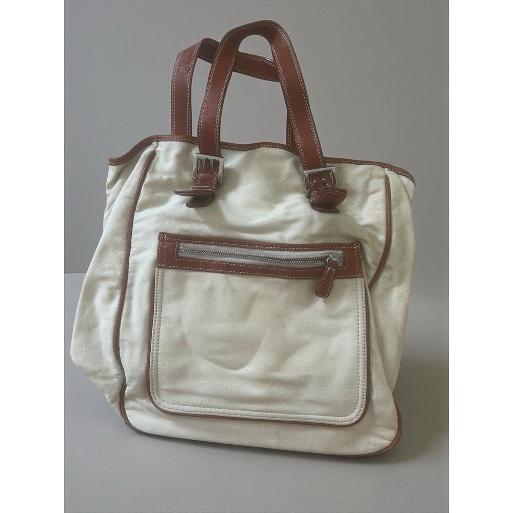 Express Canvas Leather Tote Bag Cream Tan Large Handbag Vintage